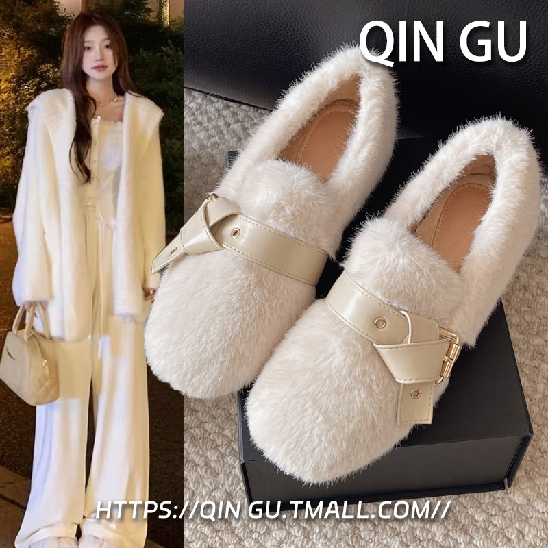 内增高白色毛毛鞋女外穿2025新款冬季高级感毛绒单鞋保暖豆豆棉鞋