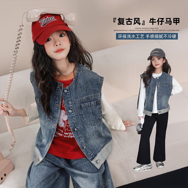 女童韩版休闲上衣春秋女孩洋气大童百搭拼接牛仔马甲儿童时尚童装