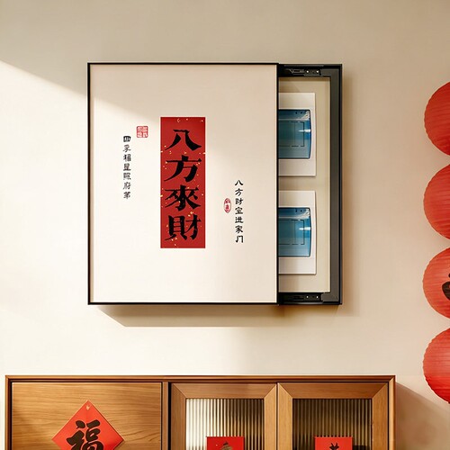 电表箱装饰画新年寓意好免打孔电闸盒竖款遮挡画盖板推拉新款竖版