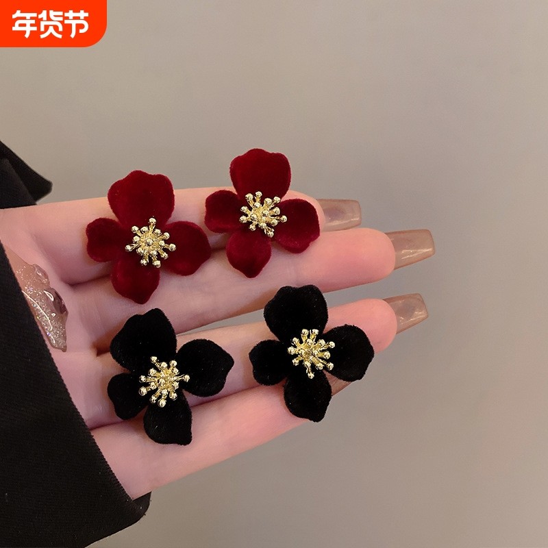 925银针丝绒花朵耳环高级感轻奢耳钉气质高级大气秋冬红色耳饰女,饰品/流行首饰/时尚饰品新,耳钉,淘宝优惠券,粉丝福利购,淘宝优惠卷