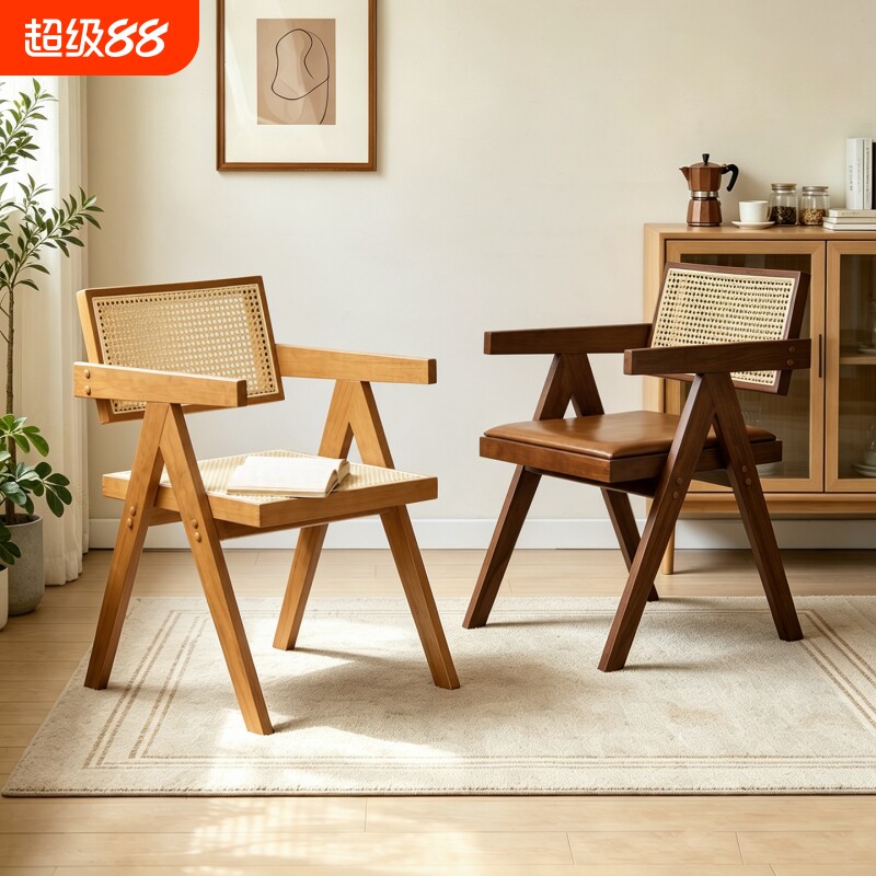 实木中古风餐椅藤编椅图片