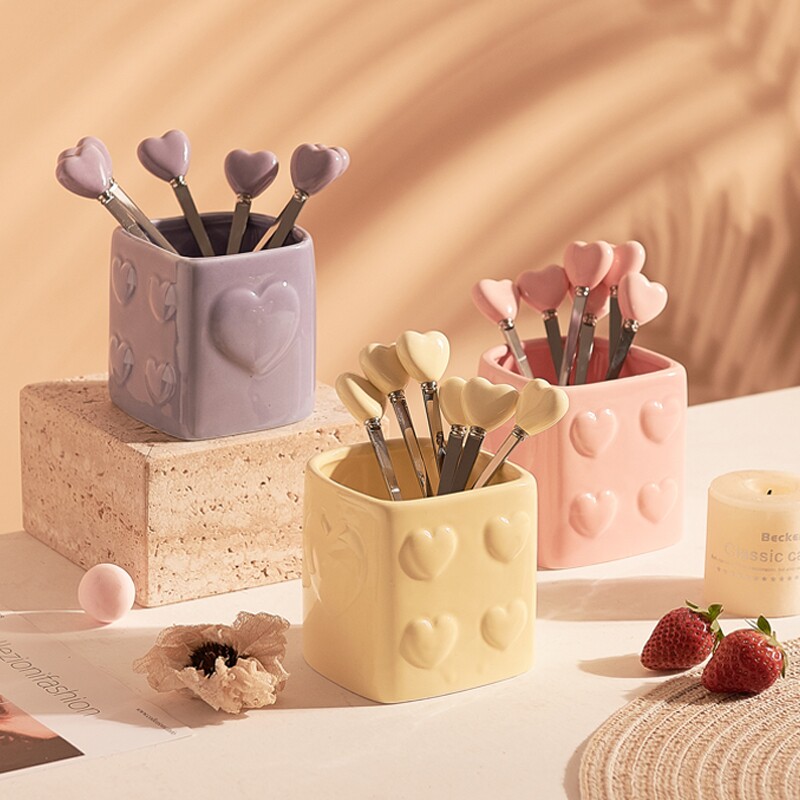 许多爱心水果叉轻奢高级感304不锈钢叉子收纳罐艺术水果签蛋糕叉