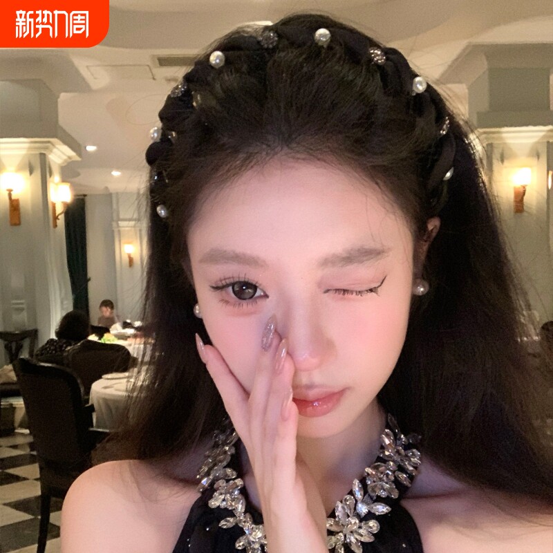 法式闪钻珍珠发箍女高颅顶头箍发饰带齿防滑外戴发卡压发头饰蝴蝶