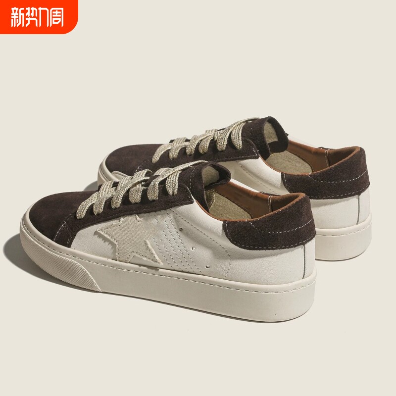 牛皮版~真皮复古星星鞋女韩版圆头系带休闲运动鞋百搭内增高板鞋