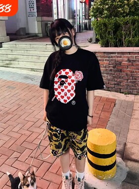 潮牌APE短袖t恤100%纯棉高版本中大童装亲子装SHARK APE猿人迷彩