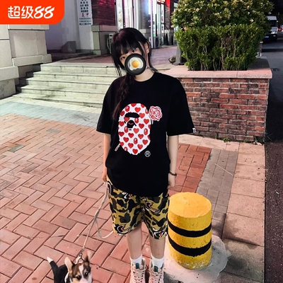 潮牌APE短袖t恤100%纯棉高版本中大童装亲子装SHARK APE猿人迷彩
