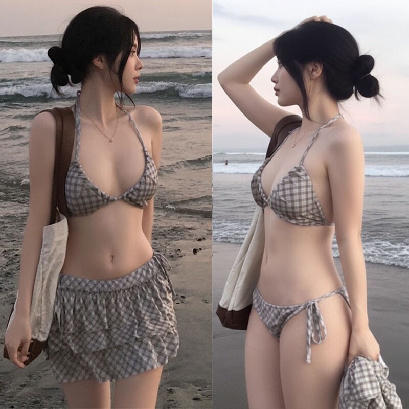 2026新款分体泳衣女三件套时尚辣妹甜美格子显瘦海边度假游泳衣女