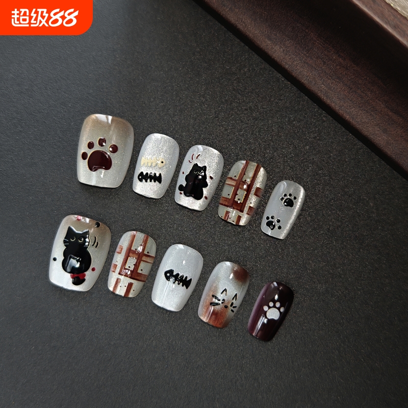 新款猫眼穿戴甲可爱卡通甲片可拆卸秋冬显白指甲贴片ins风美甲