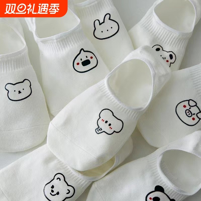 白色船袜子女纯棉秋冬季抗菌防臭防滑不掉跟可爱学生卡通ins潮袜