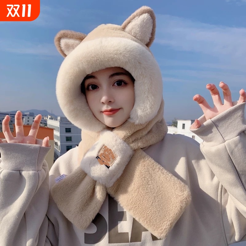 帽子围巾一体女冬季2024