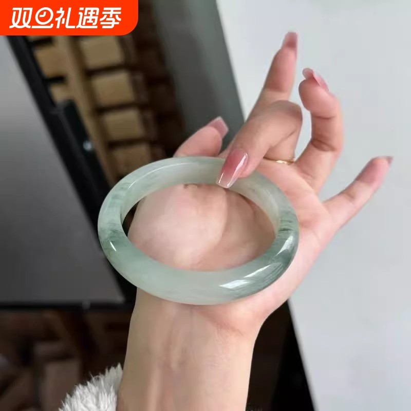 天然新疆天山翠雪翠飘花玉手镯女国风手镯正品玉镯子女镯圆条玉石