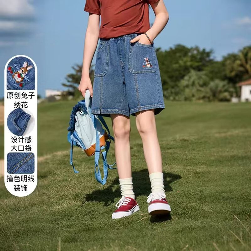 女童兔子绣花牛仔短裤夏季新款中大童洋气儿童宽松中裤童装五分裤