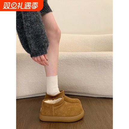 厚底加绒勃肯鞋雪地靴女2025新款冬季一脚蹬面包鞋子外穿保暖棉鞋