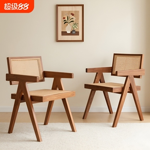 藤编实木餐椅家用中古昌迪加尔靠背椅侘寂风餐桌椅樱桃木餐厅原木