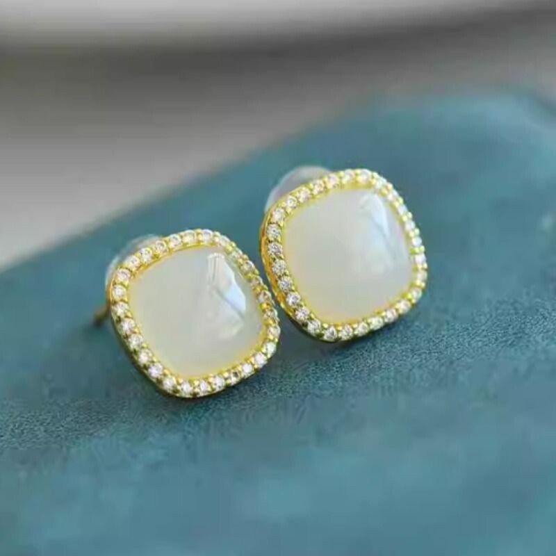 新款和田玉耳钉925银镶嵌白玉碧玉耳坠送妈妈女友礼物中式精致礼