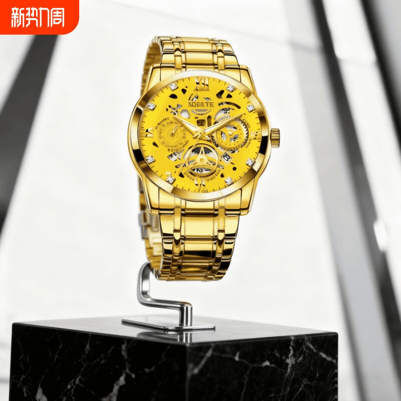 正品瑞士2024新款手表男士全自动机械风防水精钢带双日历男表夜光