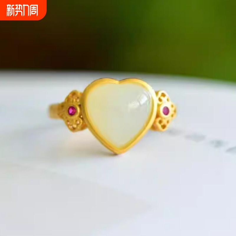 时尚国风和田白玉925银镶小众气质百搭开口戒指女士款真玉石指环