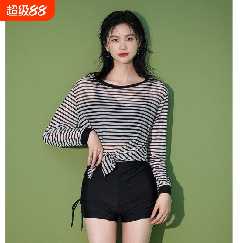 泳衣女分体三件套长袖防晒罩衫平角裤显瘦条纹保守泡温泉游泳