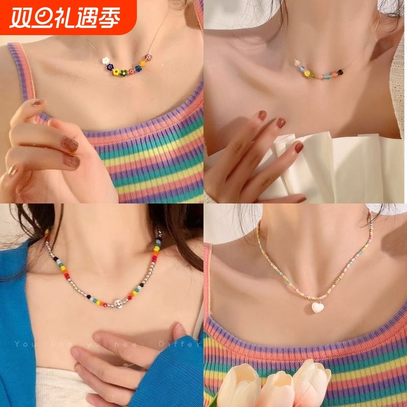 心坎啦~彩色琉璃花朵串珠项链女甜美轻奢ins小众设计感锁骨链爱心