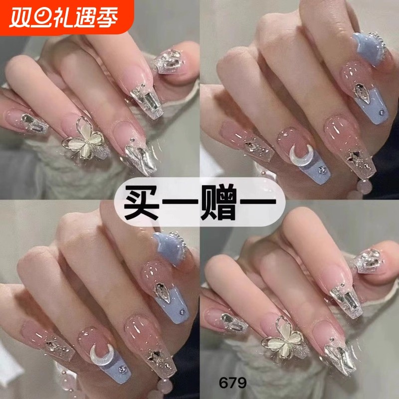 穿戴甲2025年新款法式高级感新娘美甲中长款可假指甲贴片珍珠蝴蝶