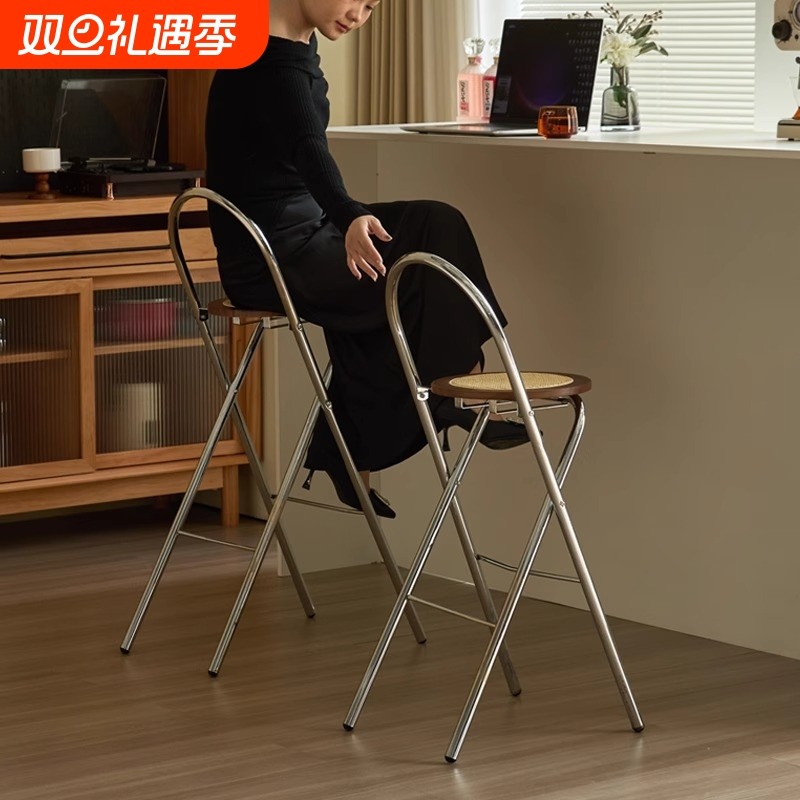 网红吧台椅藤编中古折叠椅子不占地方的家用复古靠背餐椅高脚凳子