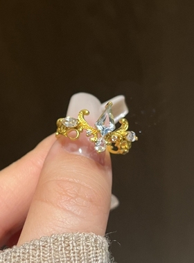 蓝眼泪戒指中古蓝色闪钻辛德瑞拉戒指复古vintage宫廷风开口食指