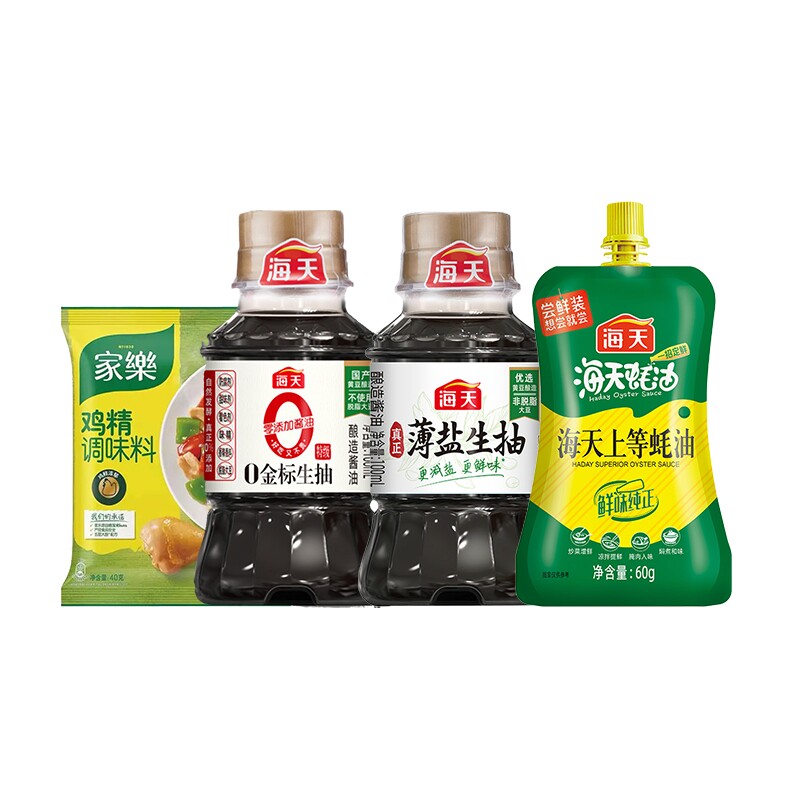 海天上等蚝油60g+薄盐生抽100ml+家乐鸡精40g+0金标生抽100ml图片