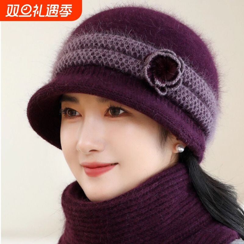 女士帽子冬天妈妈奶奶加绒保暖毛线帽中老年人防寒棉帽老太太红色