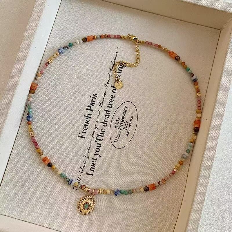 春夏彩色串珠太阳花项链女多巴胺复古设计配饰百搭锁骨链个性配饰