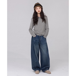 女童牛仔裤秋冬季新款加绒儿童加厚绒裤童装弯刀裤潮阔腿浅色卫衣