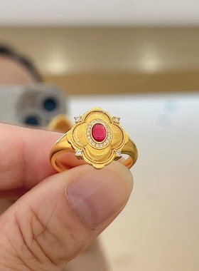 新中式复古鎏金花丝海棠花戒指