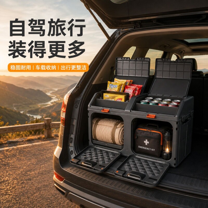 汽车后备箱收纳箱斜面款露营箱可折叠储物箱双层侧开门尾箱整理箱