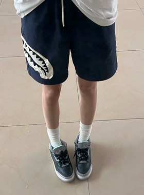 藏青色贴布鲨鱼嘴短裤男夏季美式裤子休闲宽松运动五分裤黑色舒适
