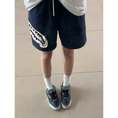 藏青色贴布鲨鱼嘴短裤男夏季美式裤子休闲宽松运动五分裤黑色舒适