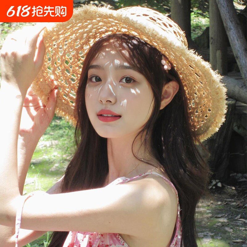 毛边镂空草帽女夏季海边沙滩法式平顶拍照手工编织大帽檐防晒帽子