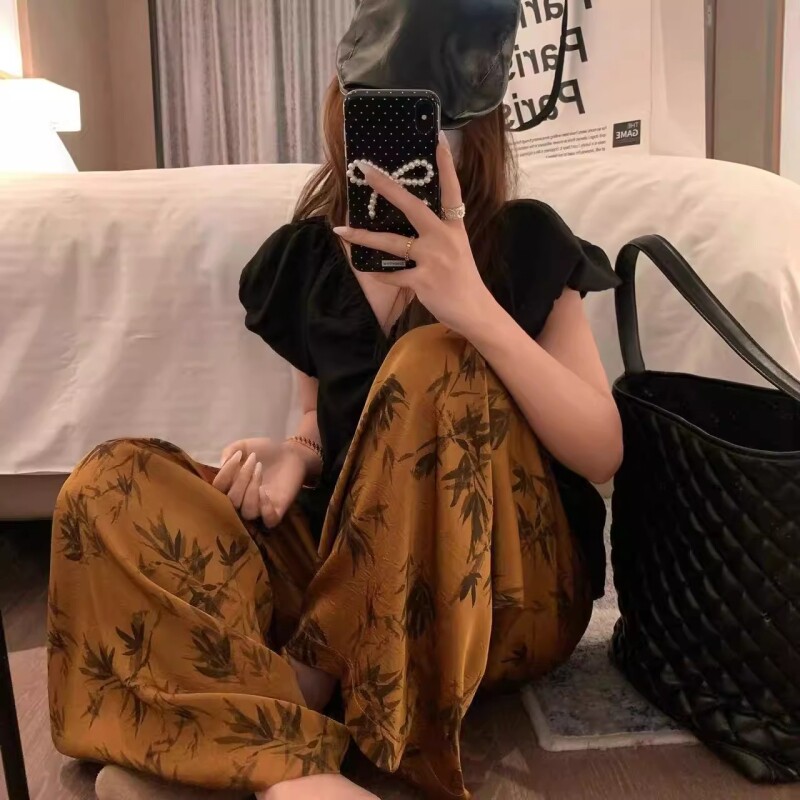 显瘦薄款夏季居家人棉绵绸睡裤九分加大码宽松休闲格子家居裤ins