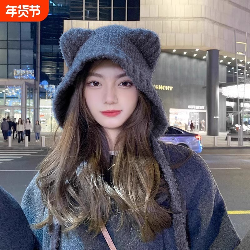 明星同款可爱小熊护耳帽女冬季加厚保暖针织毛线帽大头围毛绒帽子