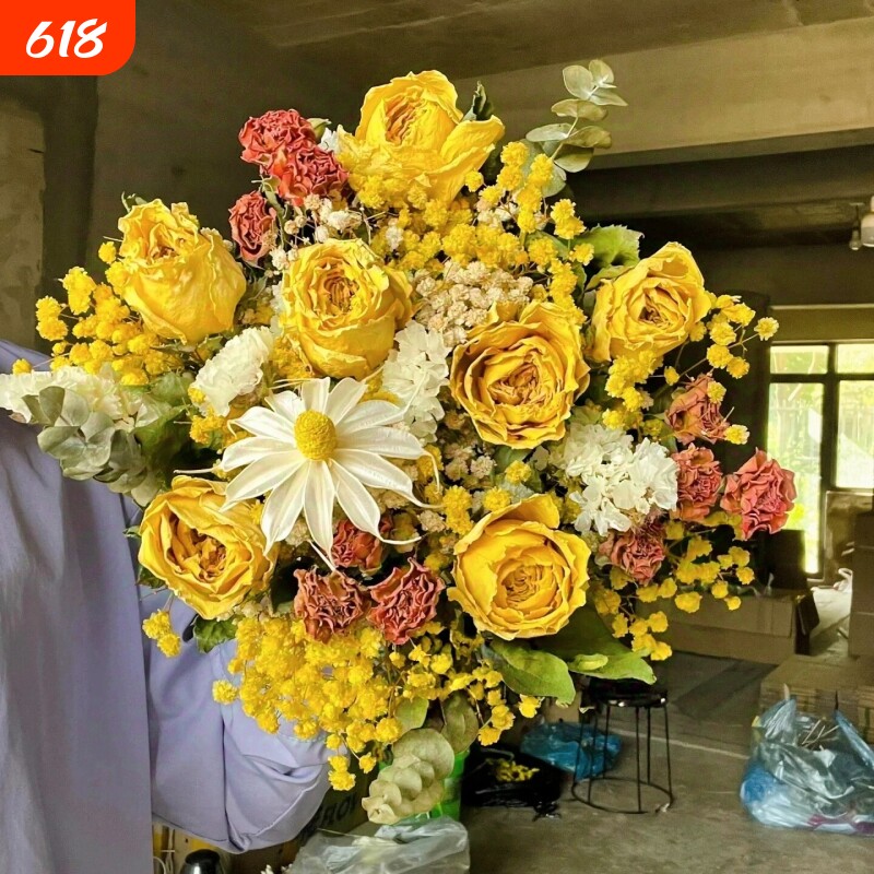 黄玫瑰花束真花干花永生花满天星花束送礼拍照家居装饰婚礼生日