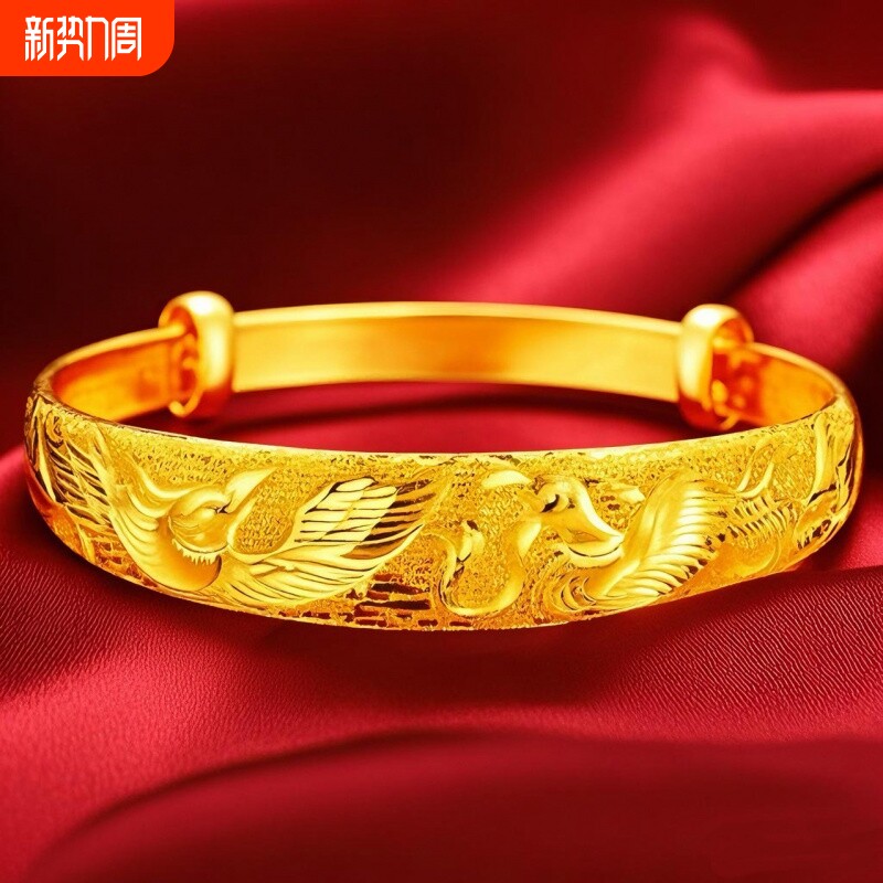 越南沙金龙凤女款宽面手镯推拉可调节镯子节日送妈妈礼物龙凤呈祥