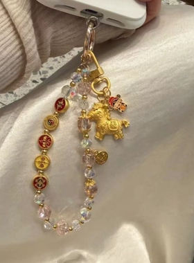 中国风合金五路财神手机挂链手工串珠挂件水晶车钥匙包包高端挂饰