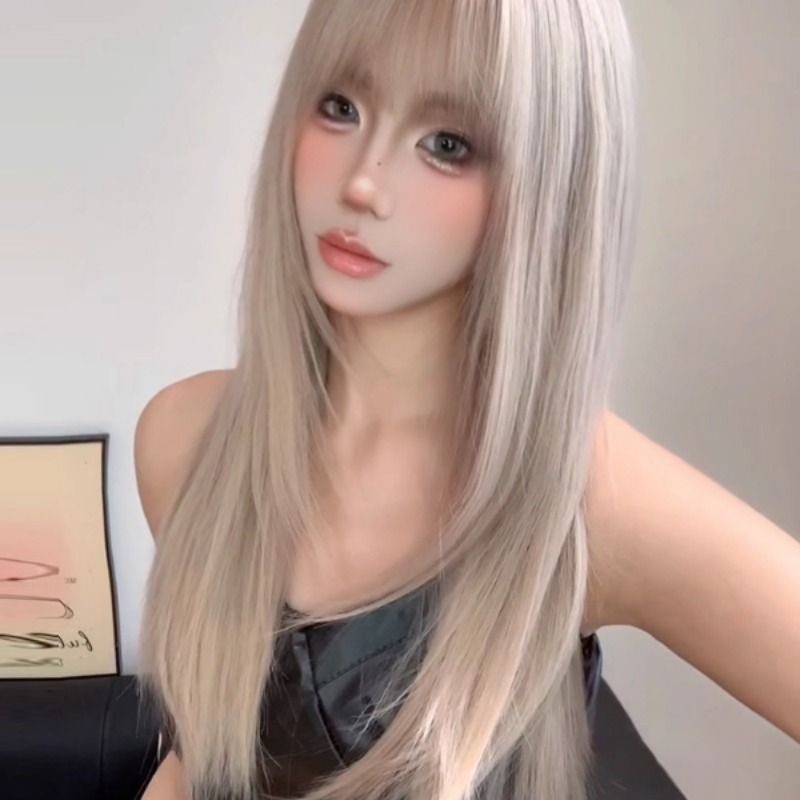 【海岸精灵】夏季新款假发女齐刘海奶茶灰棕色长直发整顶假发头套