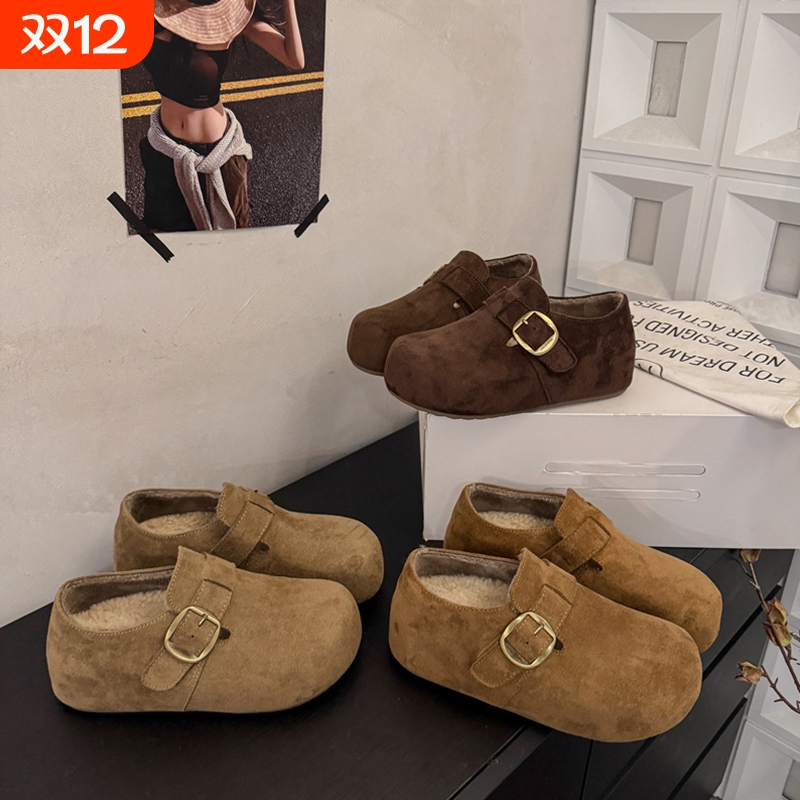 勃肯鞋女2025新款厚底内增高加绒秋冬一脚蹬丑萌大头全包博肯棉鞋