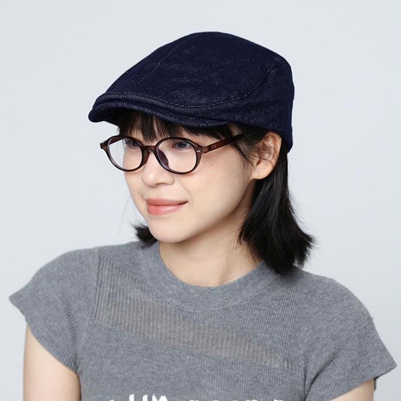 美式复古藏蓝色牛仔前进帽女鸭舌帽新款贝雷帽小众报童帽子画家帽