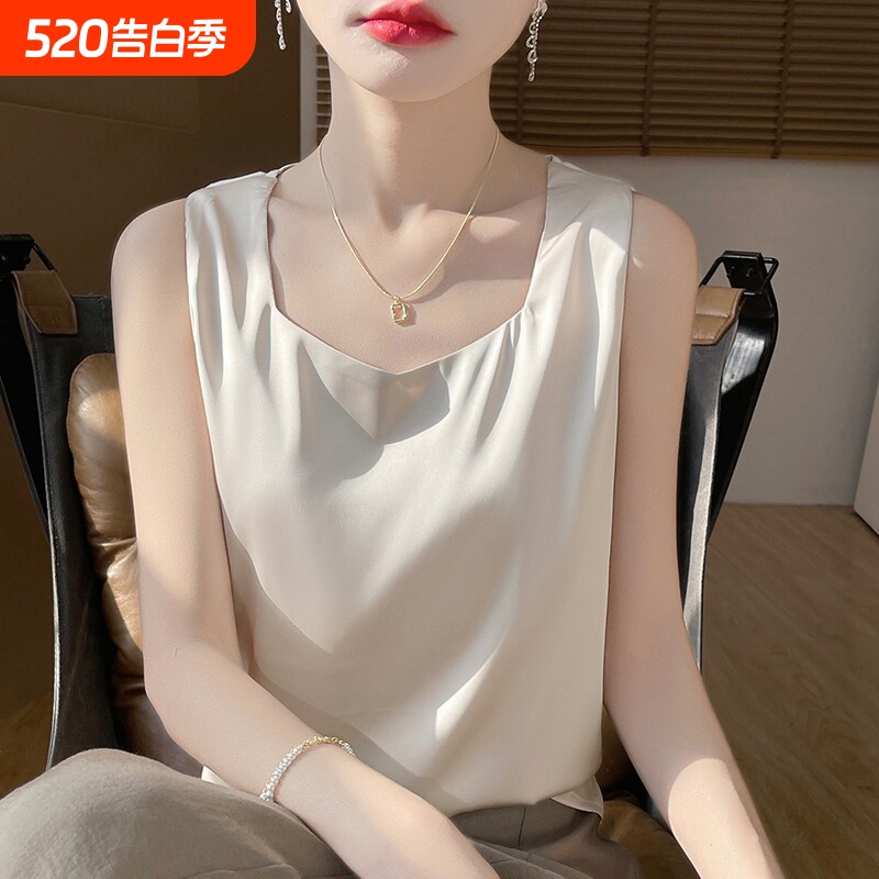 U领真丝背心女打底上衣春夏季桑蚕丝吊带小衫缎面黑色薄款香槟色