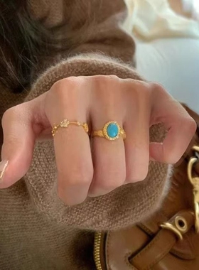 「蓝调梦境」中古金色个性蓝色戒指vintage新款轻奢项链精致耳饰