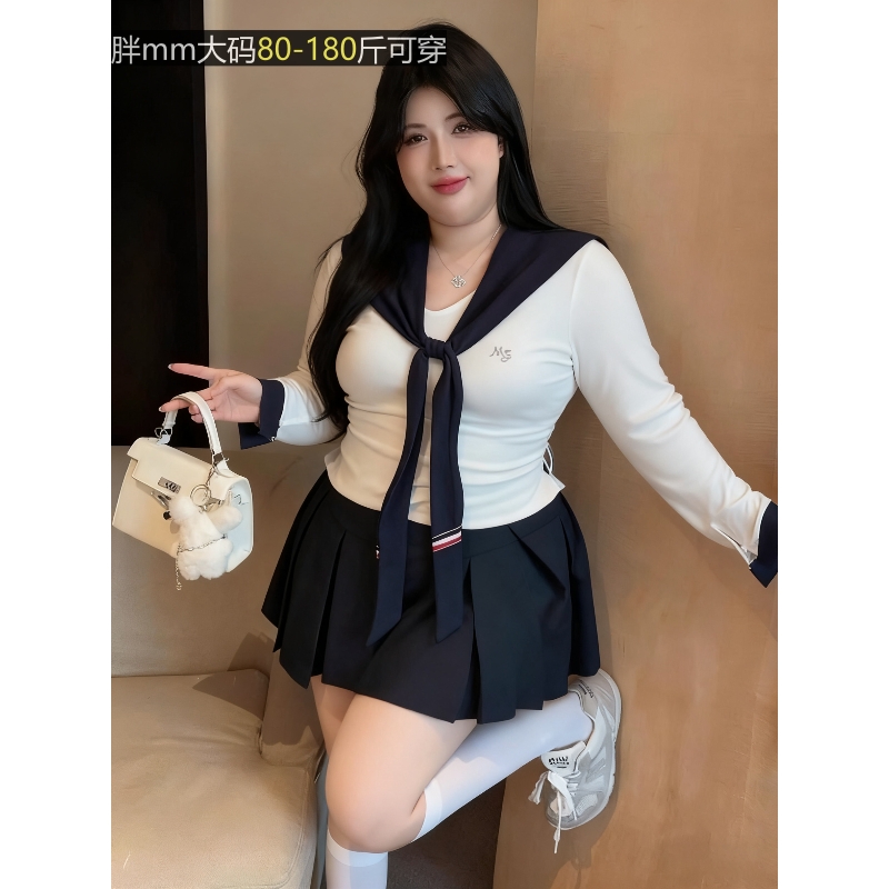 可爱减龄纯欲风长袖上衣套装女秋季辣妹大码显瘦半身裙海军领制服