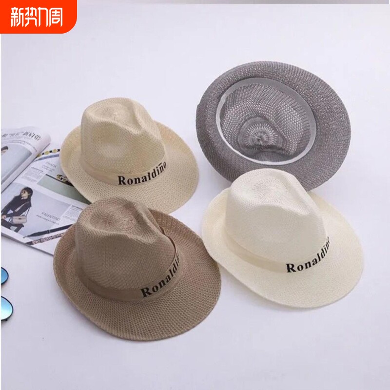 夏季沙滩草帽外贸爵士帽翘檐礼帽牛仔帽中老年人户外防晒遮阳帽