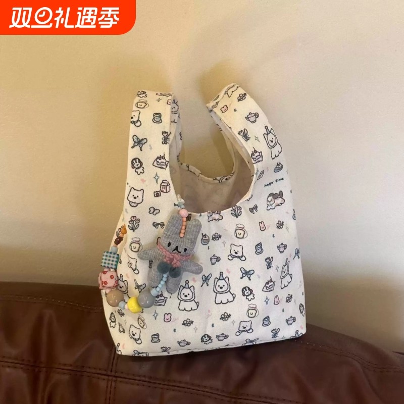 可爱狗狗帆布化妆包外出杂物手提饭盒袋便当包大容量便携手腕包女