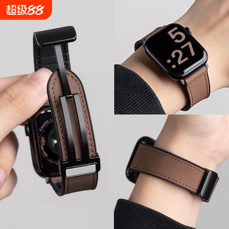 真皮适用iwatch苹果手表applewatch11表带s10版se女款s9高级感s8夏季ultra2s7磁吸扣s65表链棕色皮质黑色绿色图片
