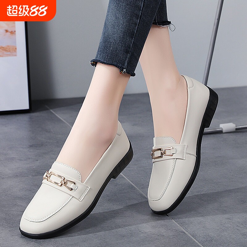 欧伦啄木鸟真皮豆豆鞋春秋女士单鞋平底英伦风小皮鞋妈妈鞋一脚蹬